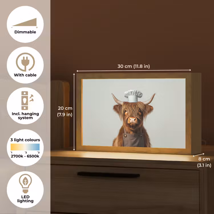 Schotse Hooglander - Bruin - Hoorns - Kokskleding Light Box met kabel (Tafellamp) klein -USP_EN