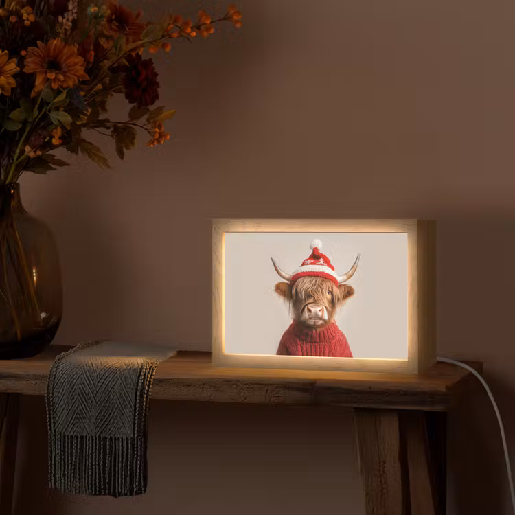 Schotse Hooglander - Kerst - Muts - Trui - Winter Light Box met kabel (Tafellamp) klein -sfeer4