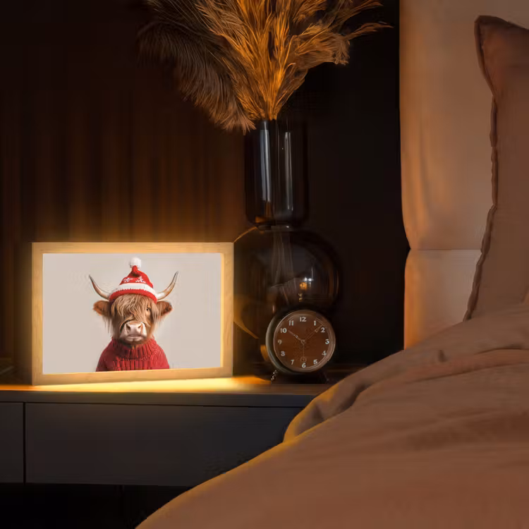 Schotse Hooglander - Kerst - Muts - Trui - Winter Light Box met kabel (Tafellamp) klein -sfeer1