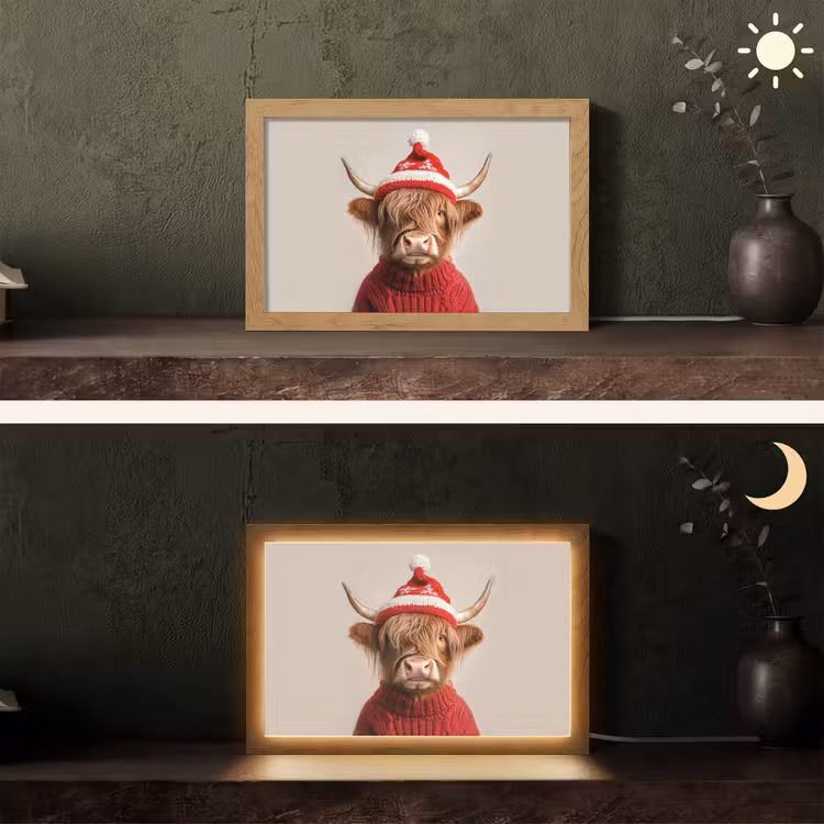 Schotse Hooglander - Kerst - Muts - Trui - Winter Light Box met kabel (Tafellamp) klein -sfeer3