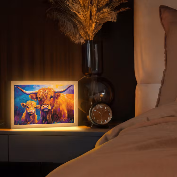 Schotse hooglander - Koeien - Dieren - Kunst Light Box met kabel (Tafellamp) klein -sfeer1