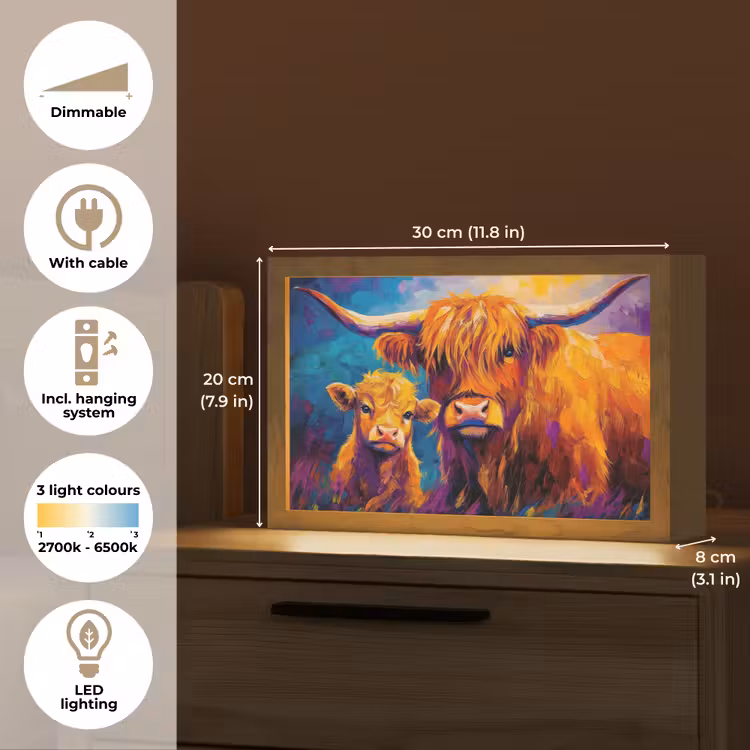 Schotse hooglander - Koeien - Dieren - Kunst Light Box met kabel (Tafellamp) klein -USP_EN