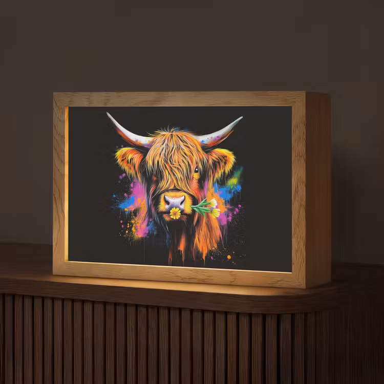 Schotse Hooglander - Graffiti - Kleurrijk - Bloem - Dieren Light Box met kabel (Tafellamp) klein -z3d_website