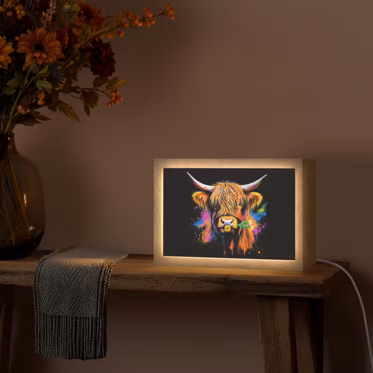 Schotse Hooglander - Graffiti - Kleurrijk - Bloem - Dieren Light Box met kabel (Tafellamp) klein -sfeer4