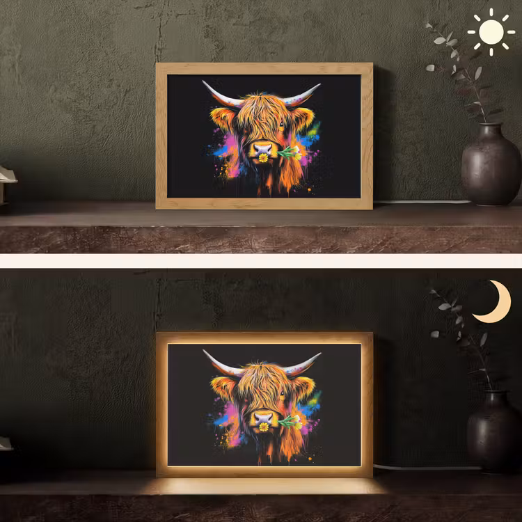 Schotse Hooglander - Graffiti - Kleurrijk - Bloem - Dieren Light Box met kabel (Tafellamp) klein -sfeer3