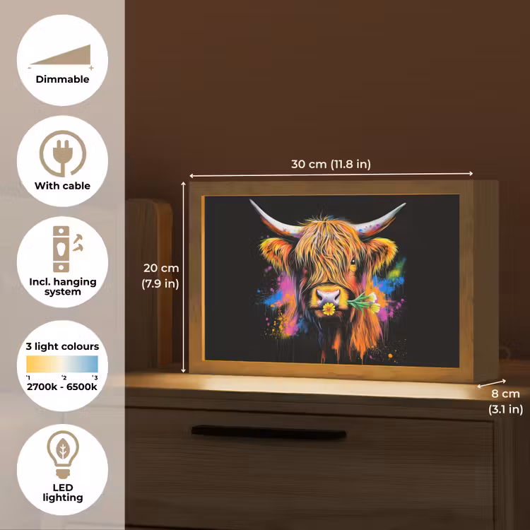 Schotse Hooglander - Graffiti - Kleurrijk - Bloem - Dieren Light Box met kabel (Tafellamp) klein -USP_EN