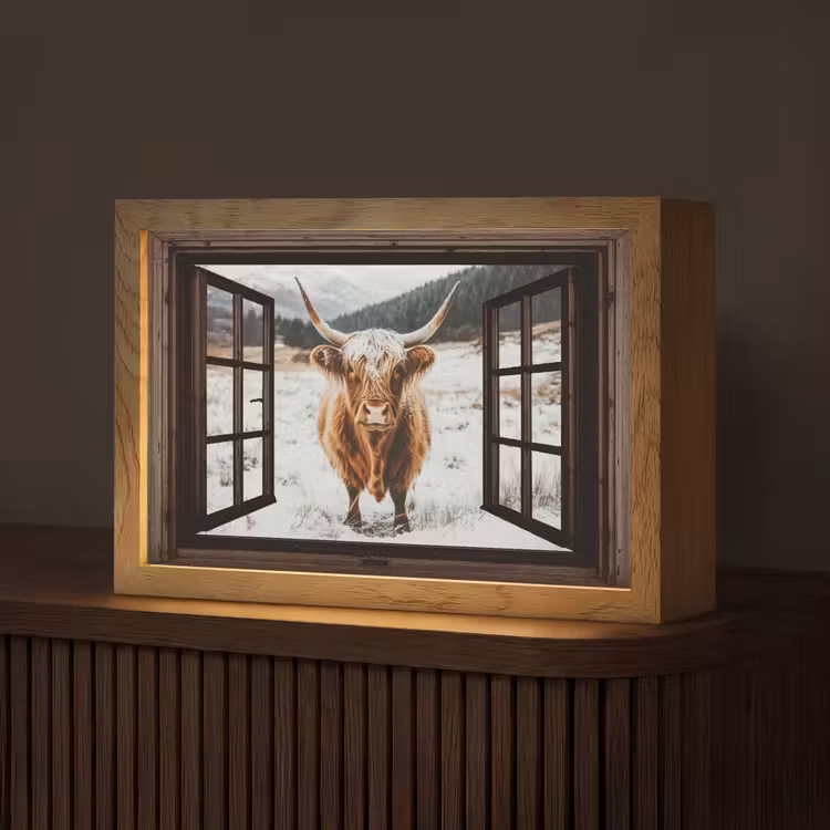 Schotse Hooglander - Landschap - Landelijk - Bergen - Winter - Doorkijk - Donker Light Box met kabel (Tafellamp) klein -z3d_website