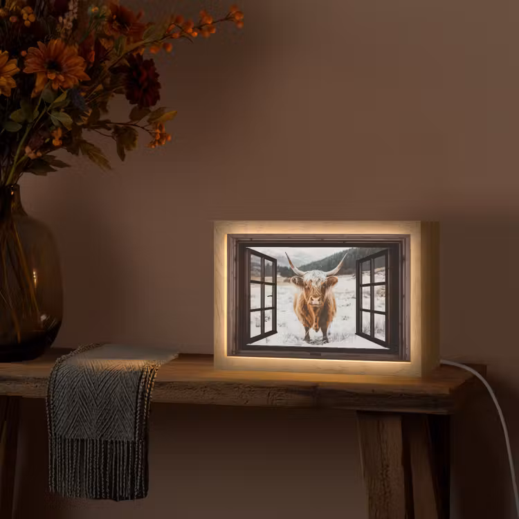Schotse Hooglander - Landschap - Landelijk - Bergen - Winter - Doorkijk - Donker Light Box met kabel (Tafellamp) klein -sfeer4