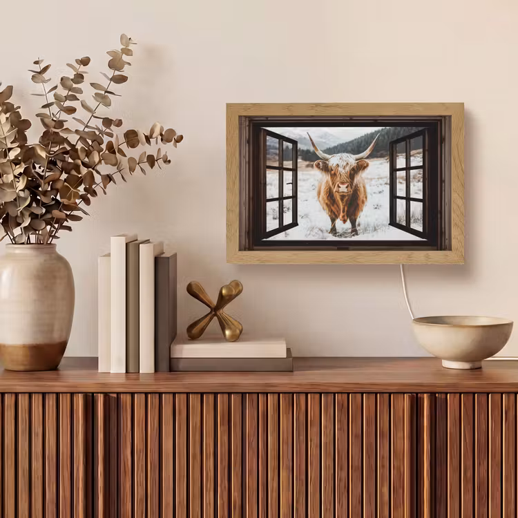 Schotse Hooglander - Landschap - Landelijk - Bergen - Winter - Doorkijk - Donker Light Box met kabel (Tafellamp) klein -sfeer2