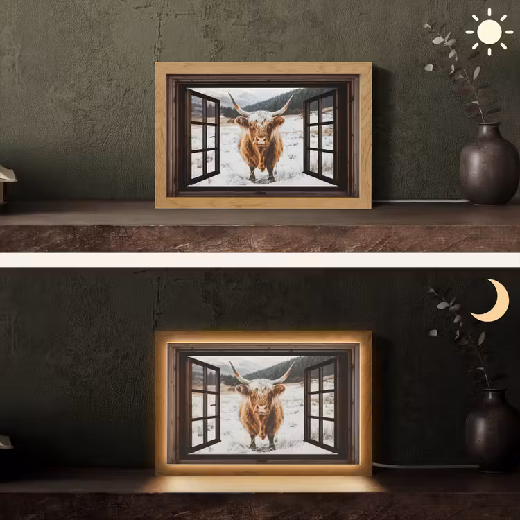 Schotse Hooglander - Landschap - Landelijk - Bergen - Winter - Doorkijk - Donker Light Box met kabel (Tafellamp) klein -sfeer3