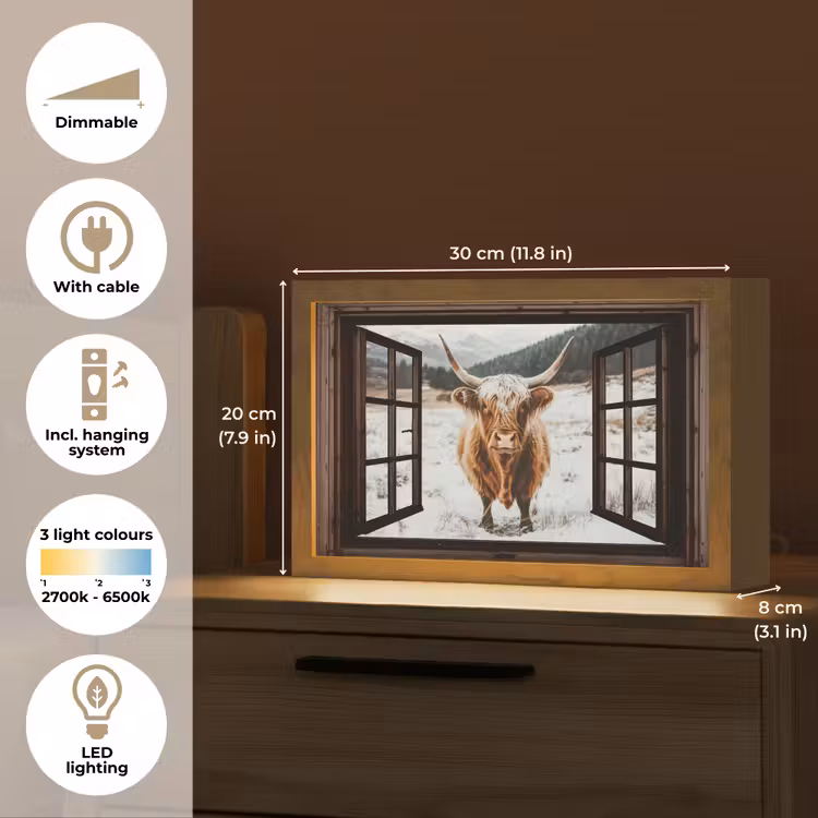 Schotse Hooglander - Landschap - Landelijk - Bergen - Winter - Doorkijk - Donker Light Box met kabel (Tafellamp) klein -USP_EN