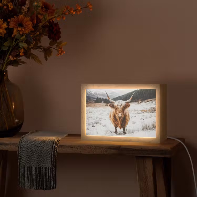 Schotse Hooglander - Landschap - Sneeuw - Bergen - Winter Light Box met kabel (Tafellamp) klein -sfeer4