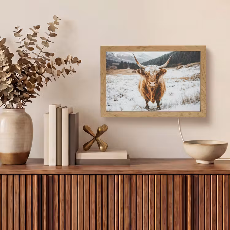 Schotse Hooglander - Landschap - Sneeuw - Bergen - Winter Light Box met kabel (Tafellamp) klein -sfeer2