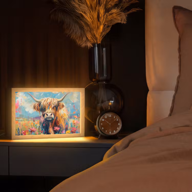 Schotse hooglander - Natuur - Kleurrijk - Bloemen Light Box met kabel (Tafellamp) klein -sfeer1