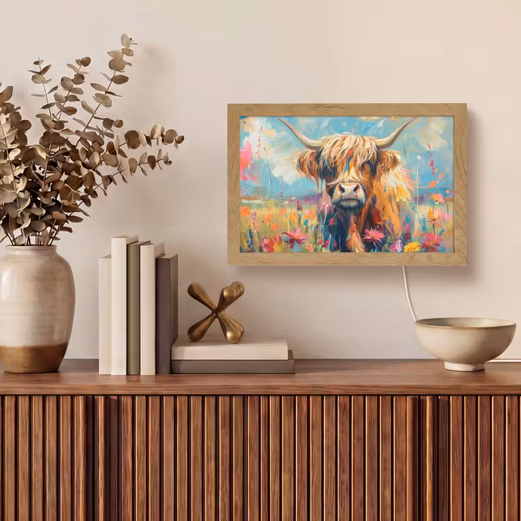 Schotse hooglander - Natuur - Kleurrijk - Bloemen Light Box met kabel (Tafellamp) klein -sfeer2