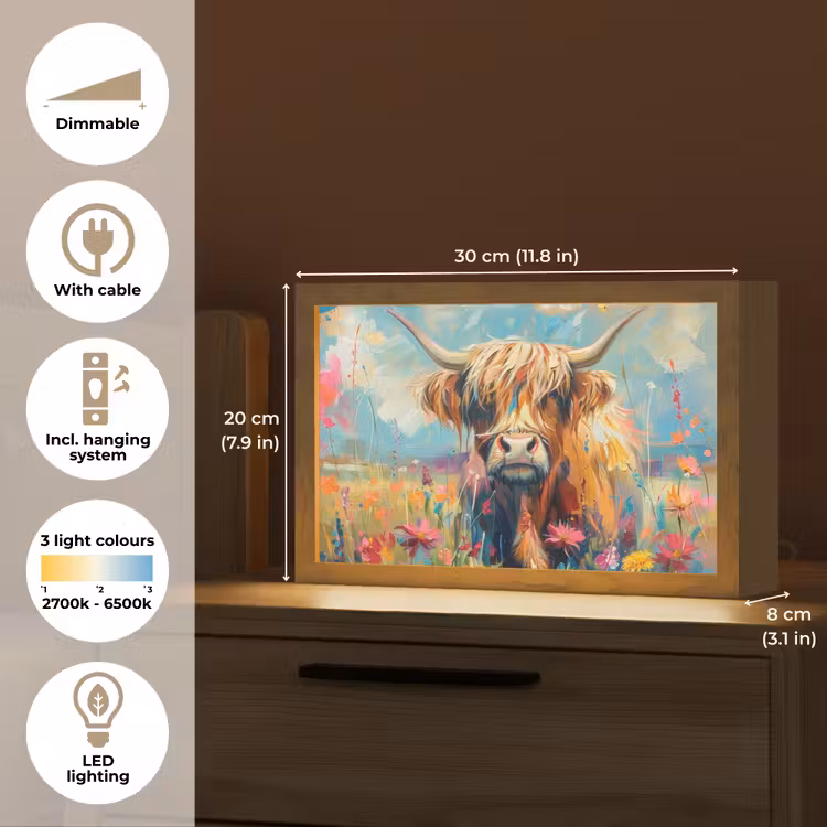 Schotse hooglander - Natuur - Kleurrijk - Bloemen Light Box met kabel (Tafellamp) klein -USP_EN