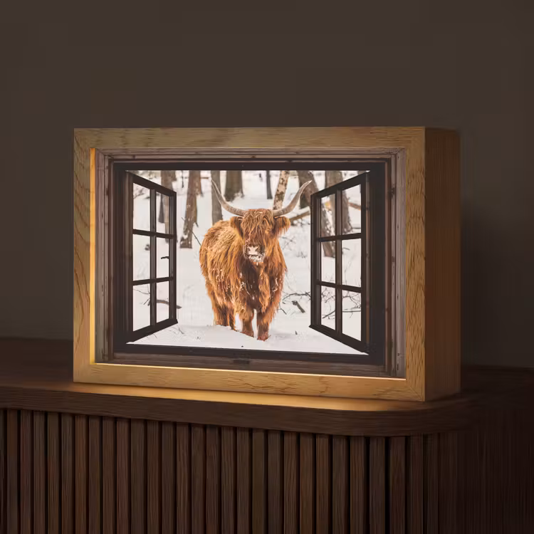 Schotse Hooglander - Sneeuw - Natuur - Dieren - Doorkijk - Winter Light Box met kabel (Tafellamp) klein -z3d_website