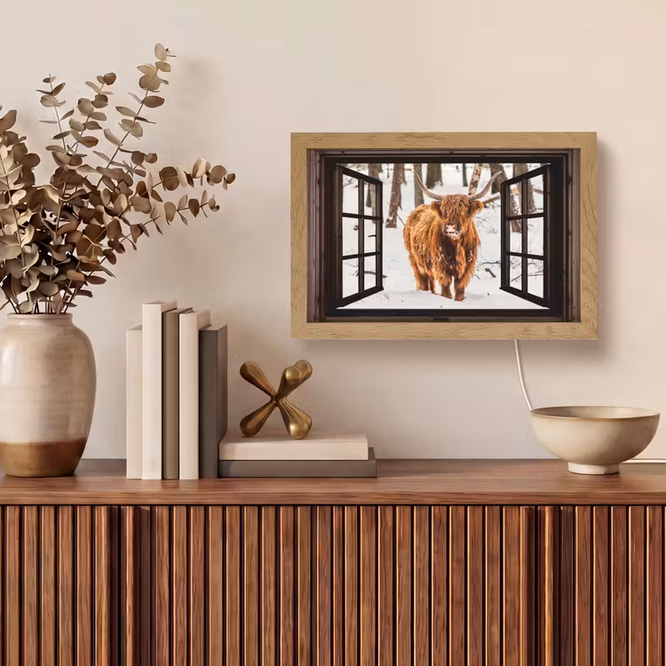 Schotse Hooglander - Sneeuw - Natuur - Dieren - Doorkijk - Winter Light Box met kabel (Tafellamp) klein -sfeer2
