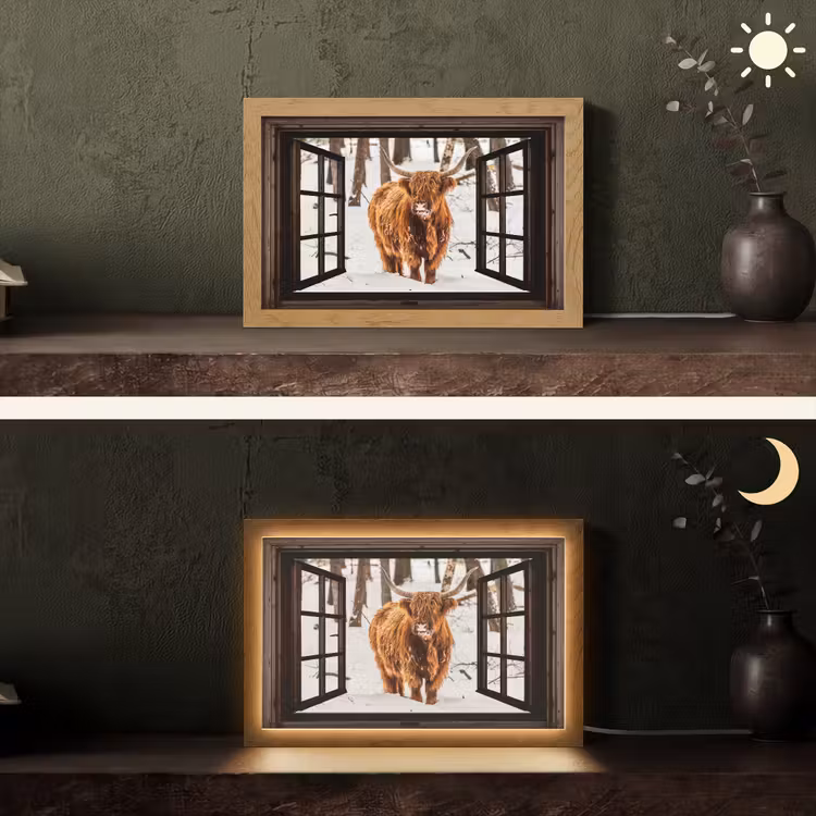Schotse Hooglander - Sneeuw - Natuur - Dieren - Doorkijk - Winter Light Box met kabel (Tafellamp) klein -sfeer3