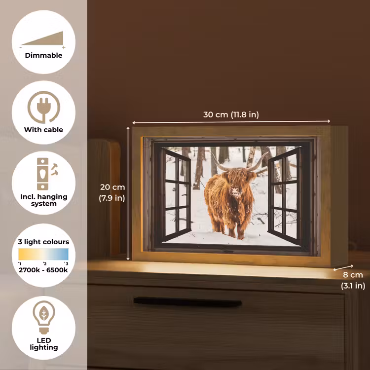 Schotse Hooglander - Sneeuw - Natuur - Dieren - Doorkijk - Winter Light Box met kabel (Tafellamp) klein -USP_EN
