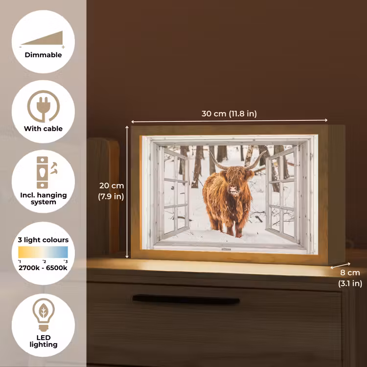 Schotse Hooglander - Sneeuw - Winter - Natuur - Dier - Doorkijk - Landelijk Light Box met kabel (Tafellamp) klein -USP_EN
