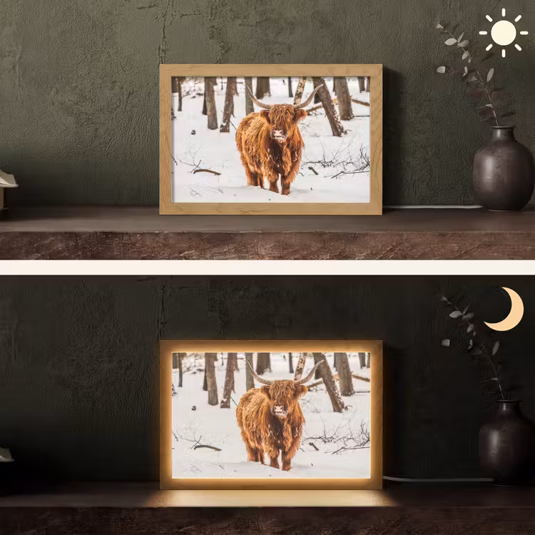 Schotse Hooglander - Sneeuw - Winter - Natuur - Dieren Light Box met kabel (Tafellamp) klein -sfeer3
