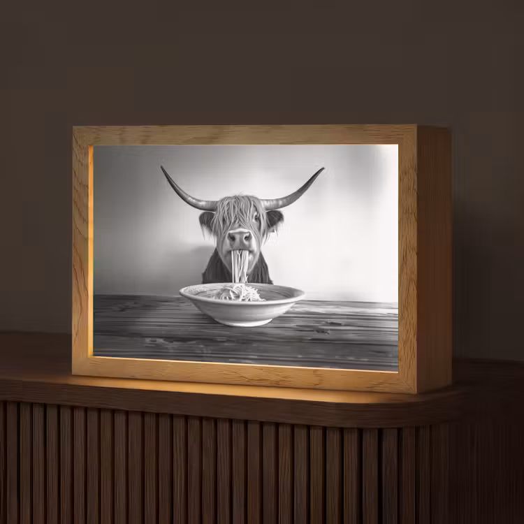 Schotse Hooglander - Spaghetti - Dieren - Zwart wit Light Box met kabel (Tafellamp) klein -z3d_website