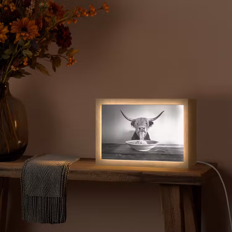 Schotse Hooglander - Spaghetti - Dieren - Zwart wit Light Box met kabel (Tafellamp) klein -sfeer4