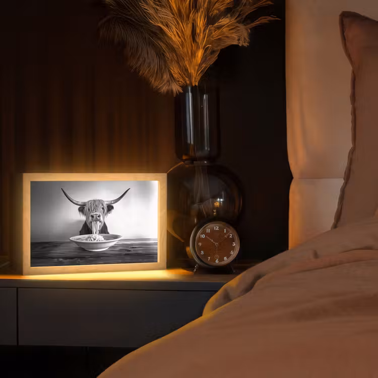 Schotse Hooglander - Spaghetti - Dieren - Zwart wit Light Box met kabel (Tafellamp) klein -sfeer1