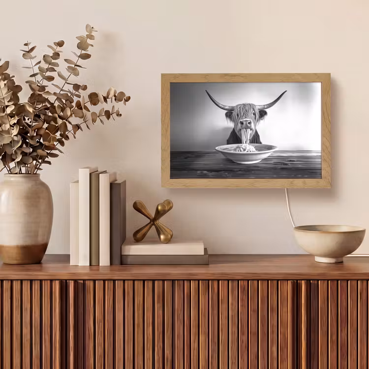 Schotse Hooglander - Spaghetti - Dieren - Zwart wit Light Box met kabel (Tafellamp) klein -sfeer2