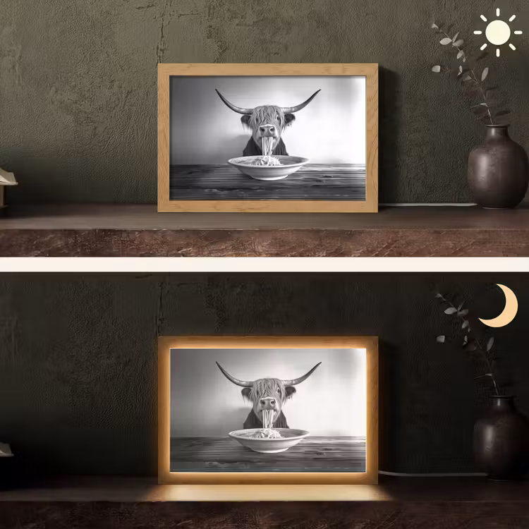 Schotse Hooglander - Spaghetti - Dieren - Zwart wit Light Box met kabel (Tafellamp) klein -sfeer3