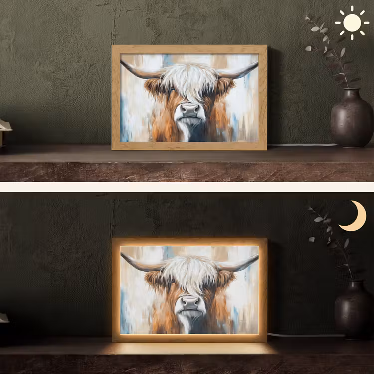 Schotse hooglander - Street art - Vintage - Koe - Dieren Light Box met kabel (Tafellamp) klein -sfeer3