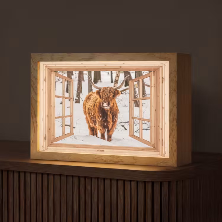 Schotse Hooglander - Winter - Landschap - Natuur - Dieren - Doorkijk Light Box met kabel (Tafellamp) klein -z3d_website