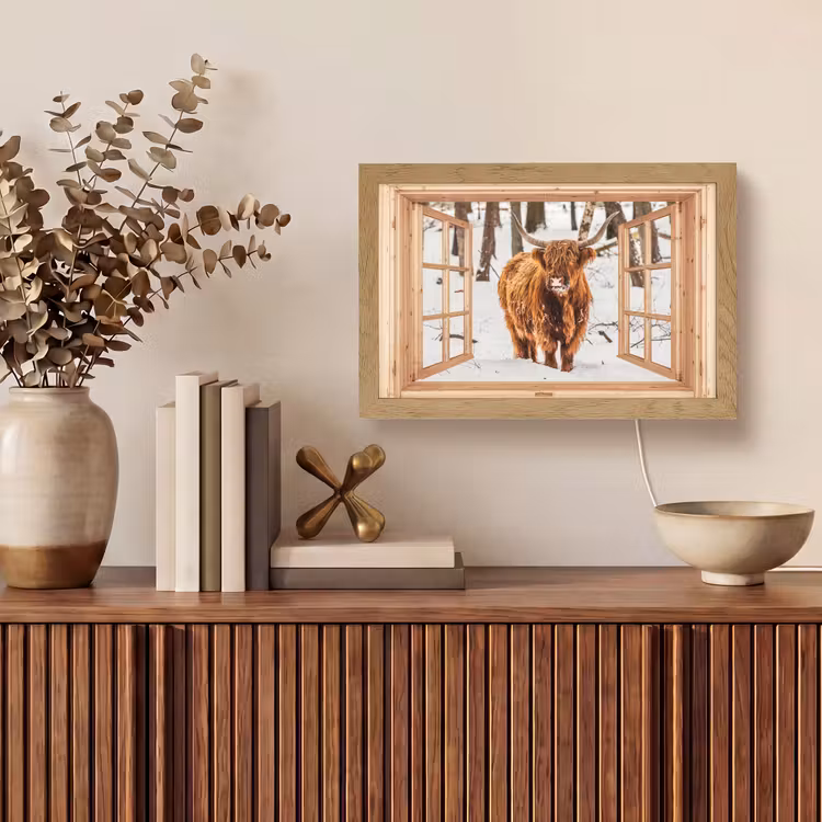 Schotse Hooglander - Winter - Landschap - Natuur - Dieren - Doorkijk Light Box met kabel (Tafellamp) klein -sfeer2