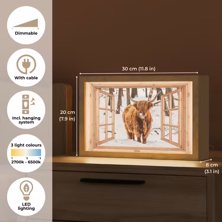 Schotse Hooglander - Winter - Landschap - Natuur - Dieren - Doorkijk Light Box met kabel (Tafellamp) klein -USP_EN