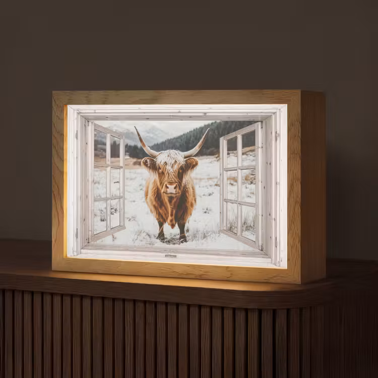 Schotse Hooglander - Winterlandschap - Landelijk - Bergen - Doorkijk Light Box met kabel (Tafellamp) klein -z3d_website