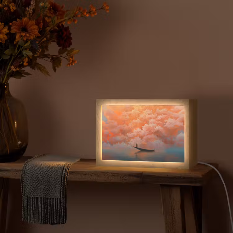 Zee - Boot - Wolken - Oranje Light Box met kabel (Tafellamp) klein -sfeer4