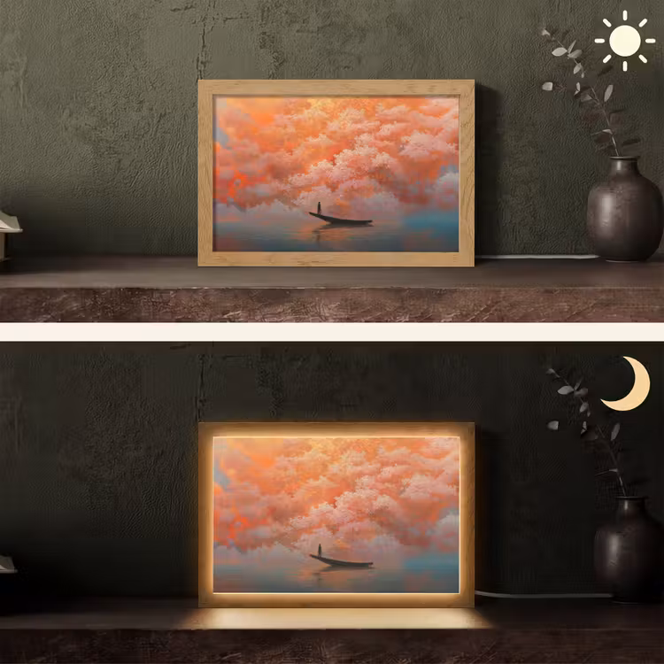 Zee - Boot - Wolken - Oranje Light Box met kabel (Tafellamp) klein -sfeer3
