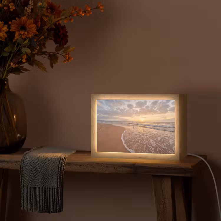 Zee - Kustlijn - Wolken - Landschap - Oranje Light Box met kabel (Tafellamp) klein -sfeer4