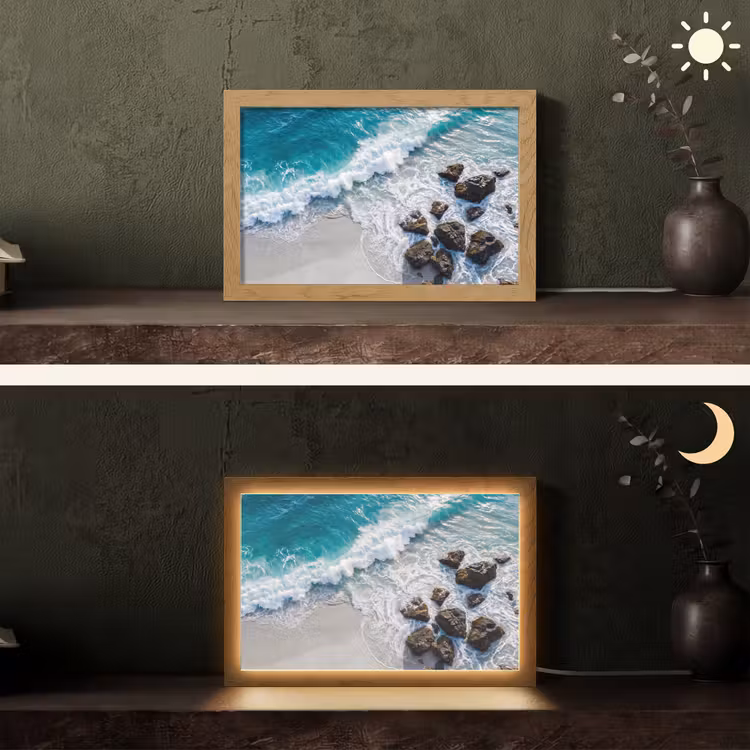 Zee - Golf - Strand - Natuur - Blauw Light Box met kabel (Tafellamp) klein -sfeer3