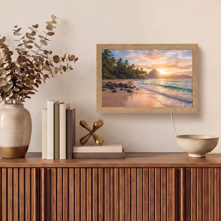 Zee - Berg - Landschap - Tropisch - Goud Light Box met kabel (Tafellamp) klein -sfeer2
