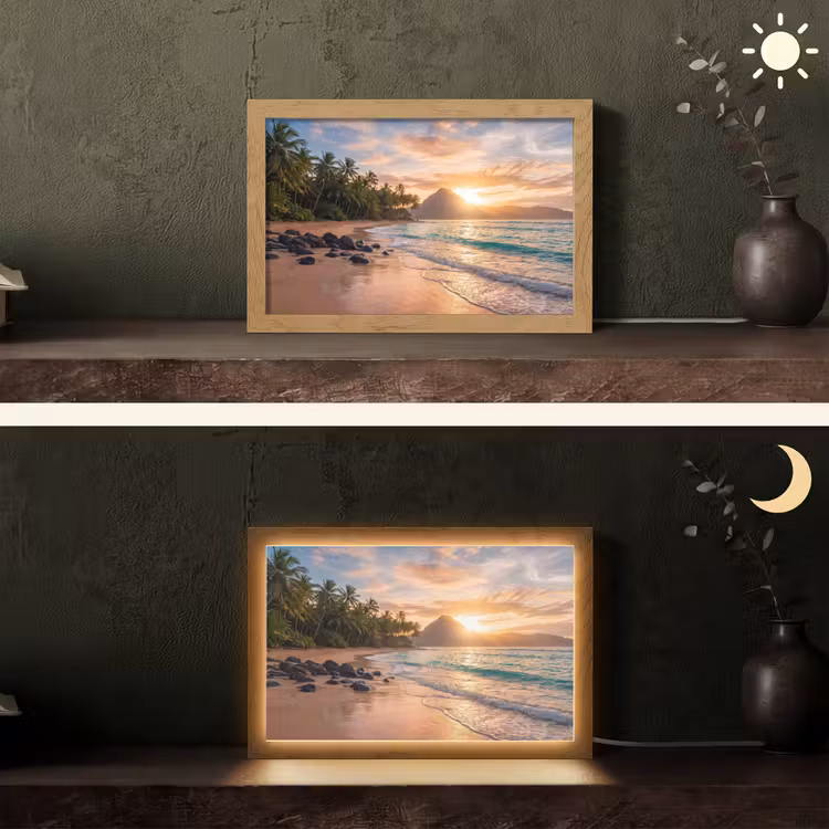 Zee - Berg - Landschap - Tropisch - Goud Light Box met kabel (Tafellamp) klein -sfeer3