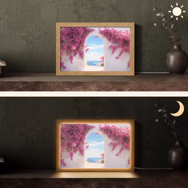 Zee - Roze - Bloemen - Poort Light Box met kabel (Tafellamp) klein -sfeer3