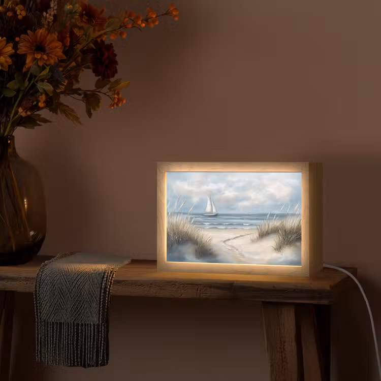 Zee - Zeilboot - Strand - Duinen - Vintage Light Box met kabel (Tafellamp) klein -sfeer4
