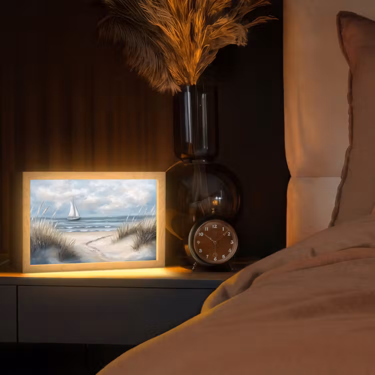 Zee - Zeilboot - Strand - Duinen - Vintage Light Box met kabel (Tafellamp) klein -sfeer1