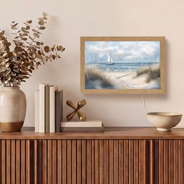 Zee - Zeilboot - Strand - Duinen - Vintage Light Box met kabel (Tafellamp) klein -sfeer2