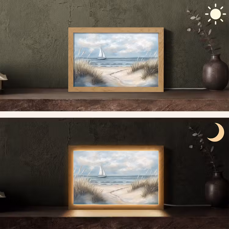 Zee - Zeilboot - Strand - Duinen - Vintage Light Box met kabel (Tafellamp) klein -sfeer3