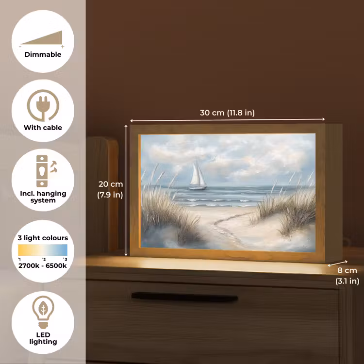 Zee - Zeilboot - Strand - Duinen - Vintage Light Box met kabel (Tafellamp) klein -USP_EN
