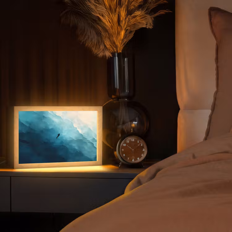 Zee - Silhouet - Abstract - Blauw Light Box met kabel (Tafellamp) klein -sfeer1