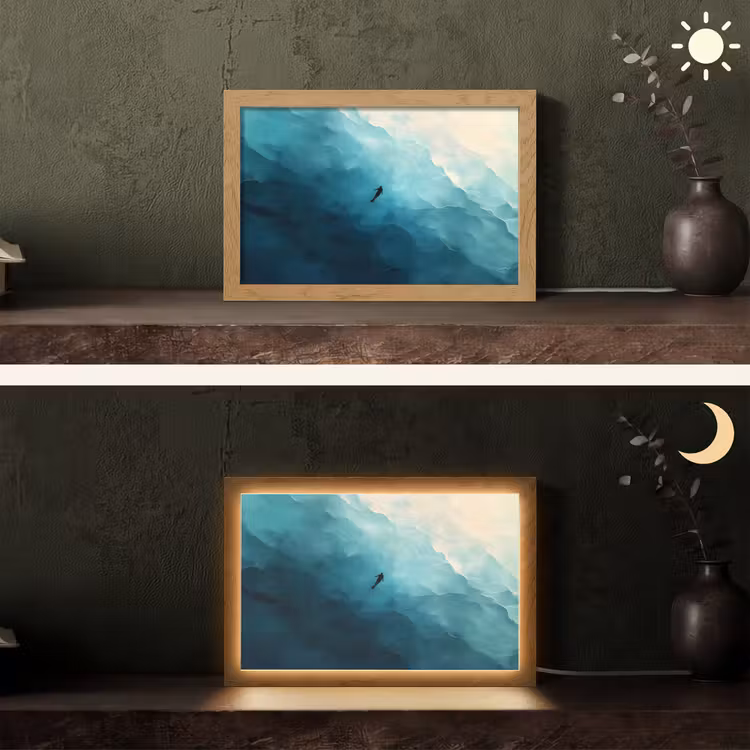 Zee - Silhouet - Abstract - Blauw Light Box met kabel (Tafellamp) klein -sfeer3